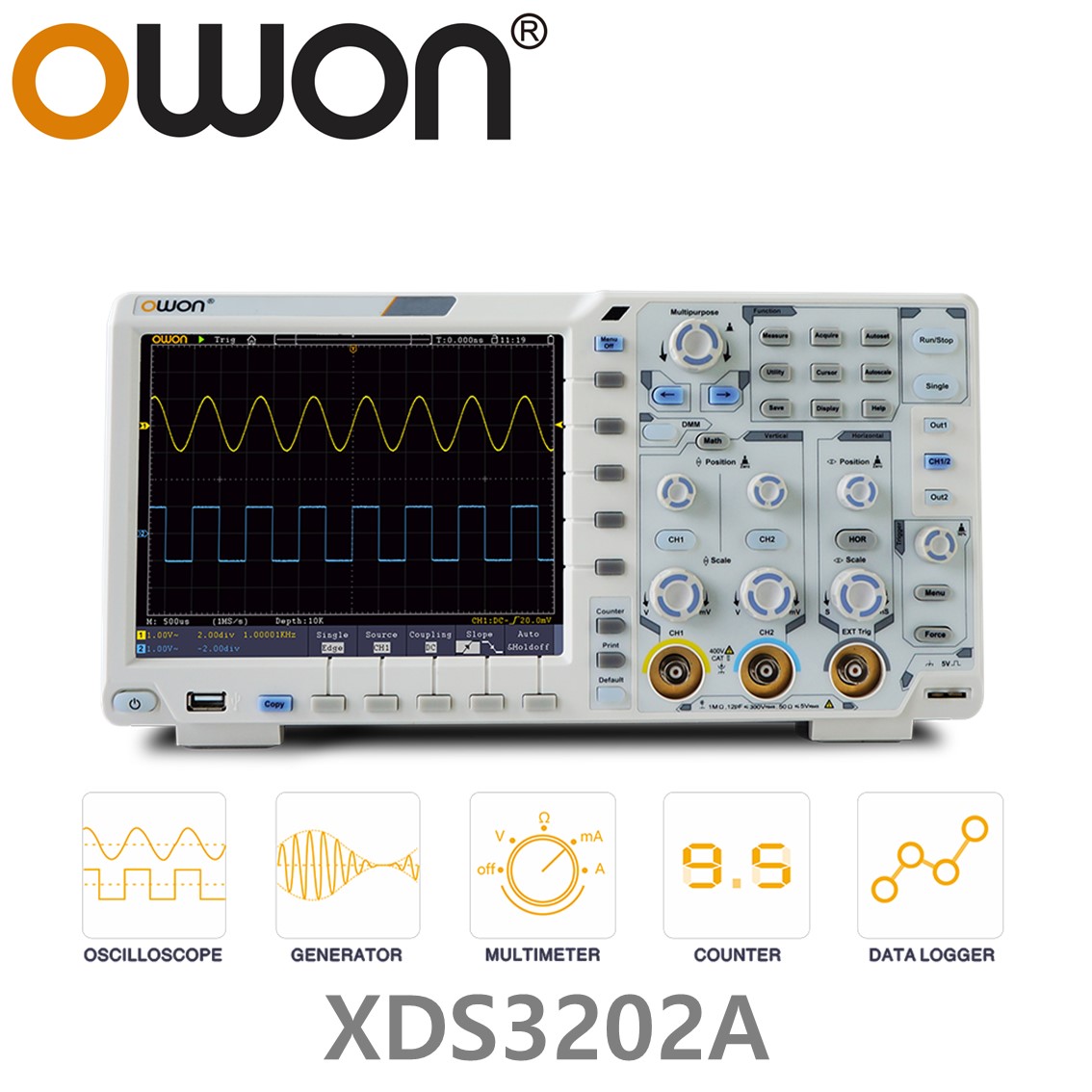 [ OWON ] XDS3202A 올인원 디지탈 오실로스코프 ( 200MHz, 2CH, 1GS/s, 데이타로깅, 멀티미터, 임의파형발생기 )