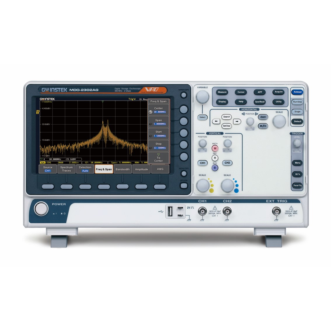 [ GWINSTEK ] MDO-2102AG   디지탈오실로스코프 2채널/100MHz/2GSa/20Mpts/8인치 스펙트럼아날라이저 25MHz AWG