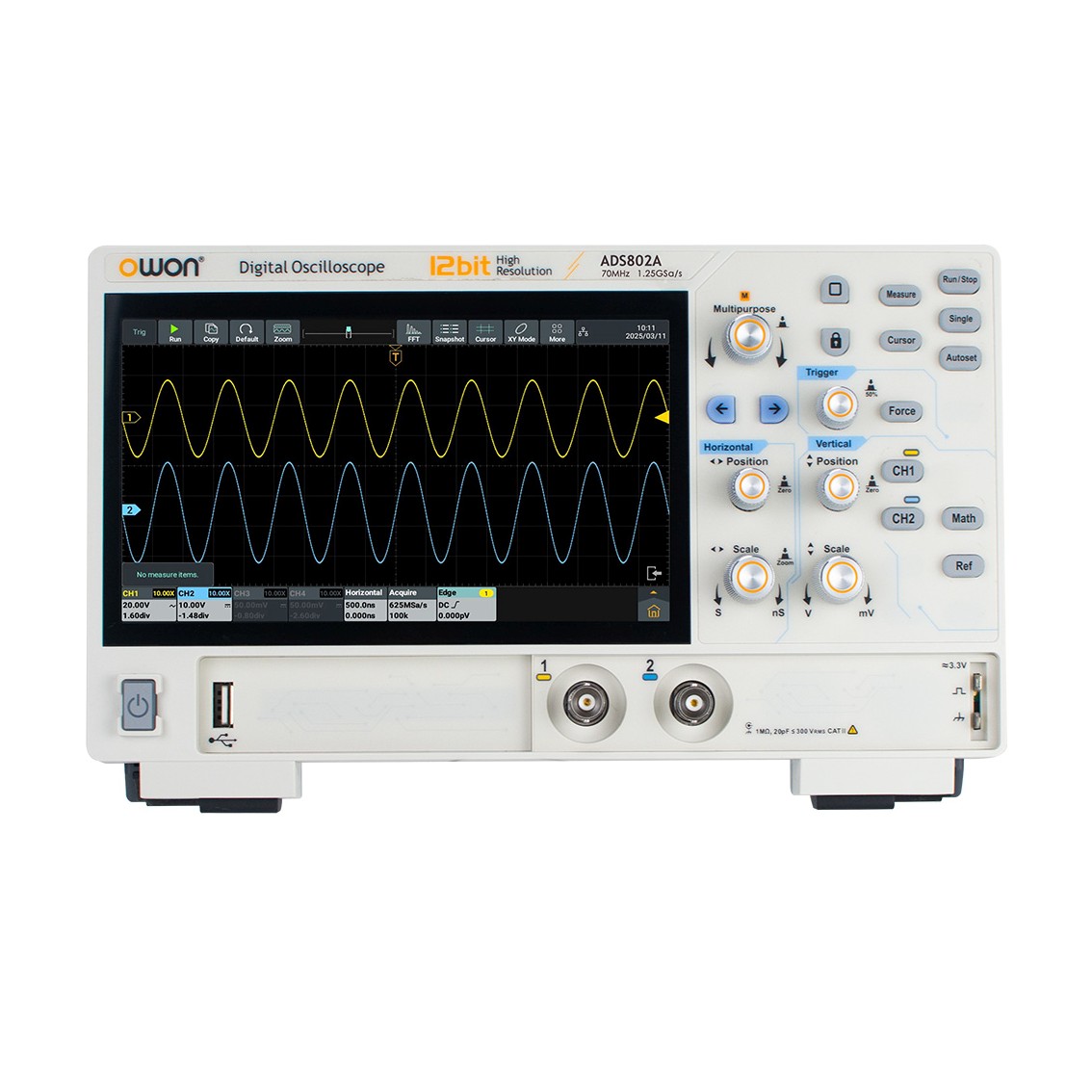 OWON ADS802A 디지털 오실로스코프 70MHz, 2채널, 1.25GS/s, 50M, 12Bits