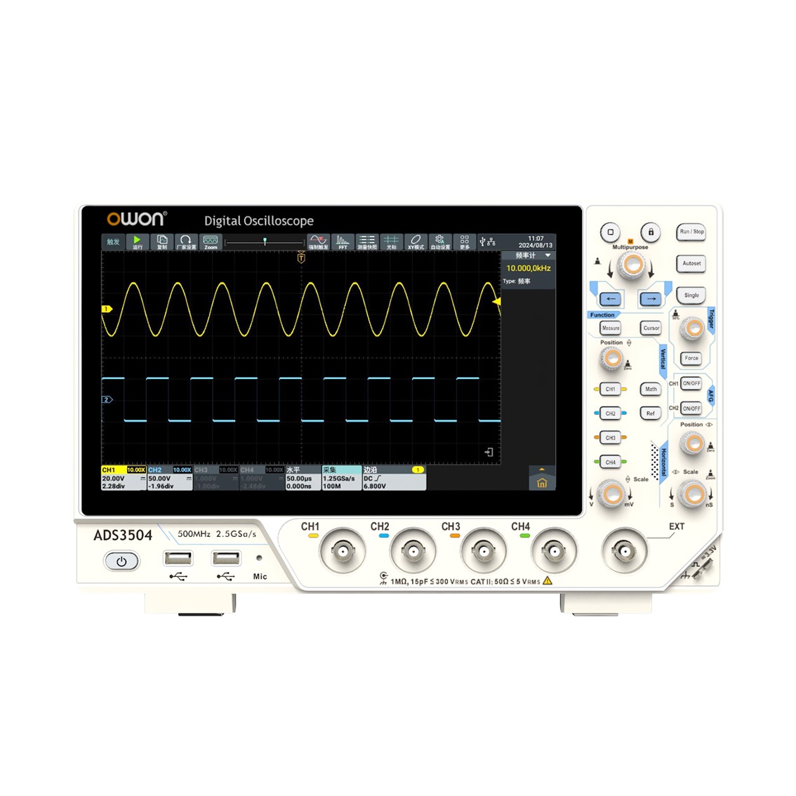 OWON ADS3202 오실로스코프 2채널,200MHz, 2.5GS, 8비트,10인치