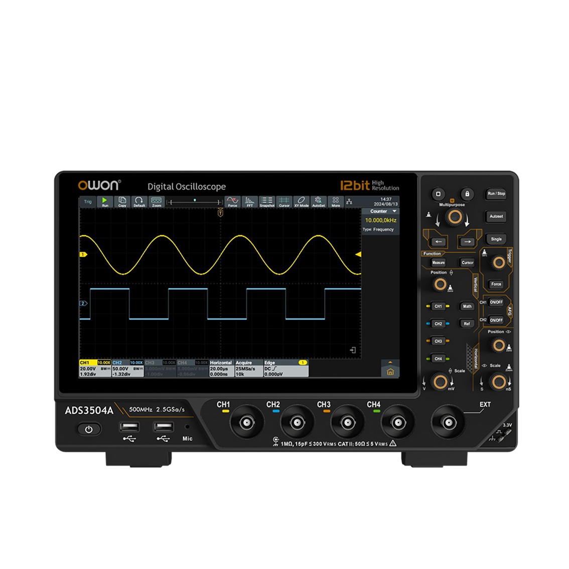 OWON ADS3204A  벤치 디지털 오실로스코프 200MHz, 4채널, 2.5GS/s, 100M 메모리