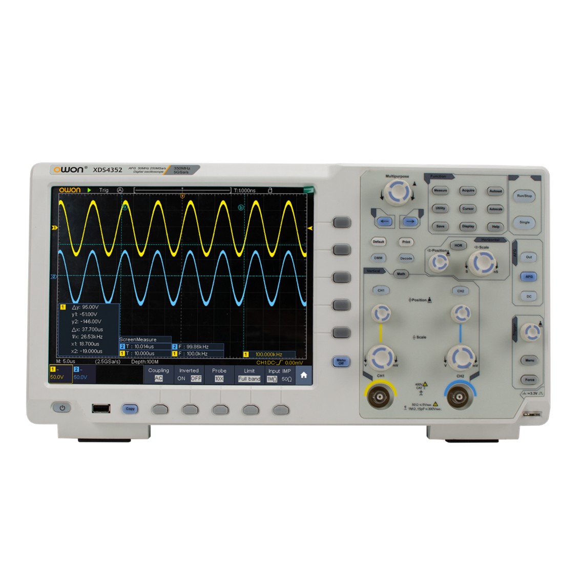 OWON XDS4502 디지털 오실로스코프 500MHz, 2채널, 5GS/s, 400M 메모리